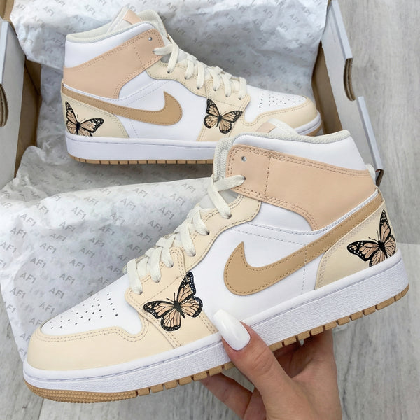 Custom AJ 1s Shoes Beige White with Butterflies-oicustom