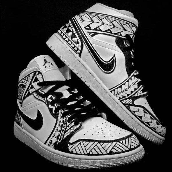 Custom AJ 1s Shoes Black and White Tribal Patterns-oicustom
