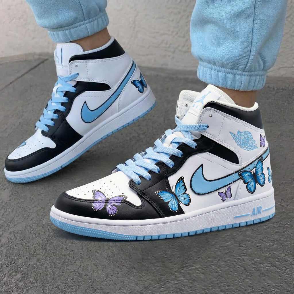 Custom AJ 1s Shoes Black Baby Blue with Butterflies-oicustom