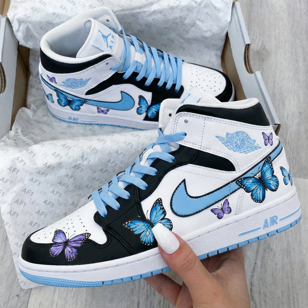 Custom AJ 1s Shoes Black Baby Blue with Butterflies-oicustom