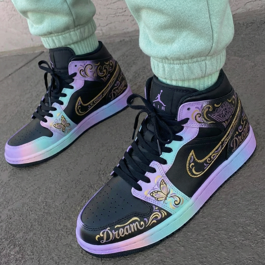 Custom AJ 1s Shoes Black Baby Pink and Blue with Butterflies and Dream Motifs-oicustom