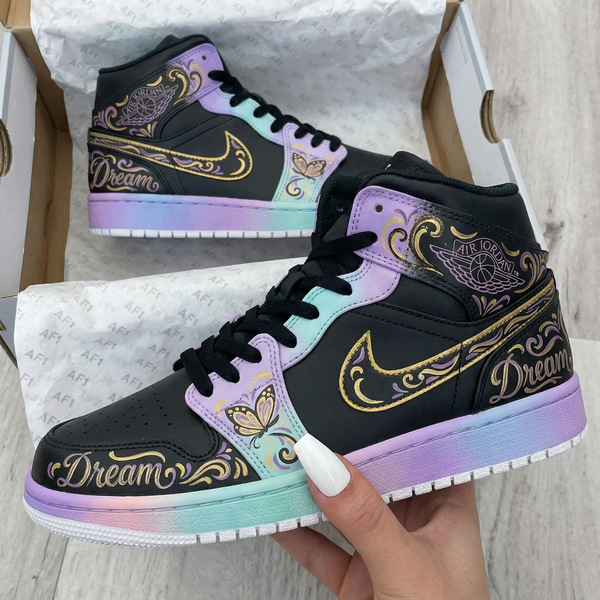 Custom AJ 1s Shoes Black Baby Pink and Blue with Butterflies and Dream Motifs-oicustom