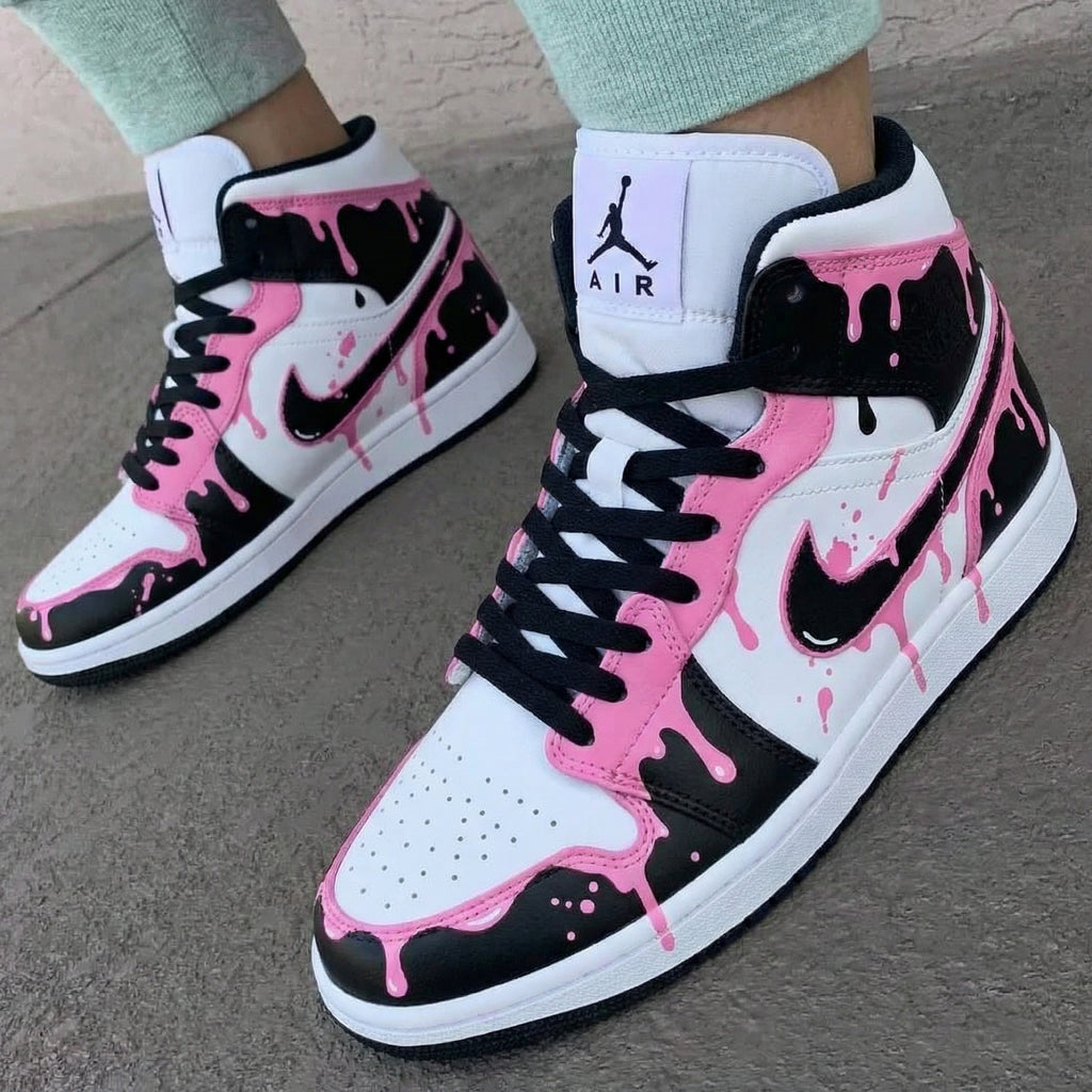 Custom AJ 1s Shoes Black Baby Pink Drip Pattern-oicustom