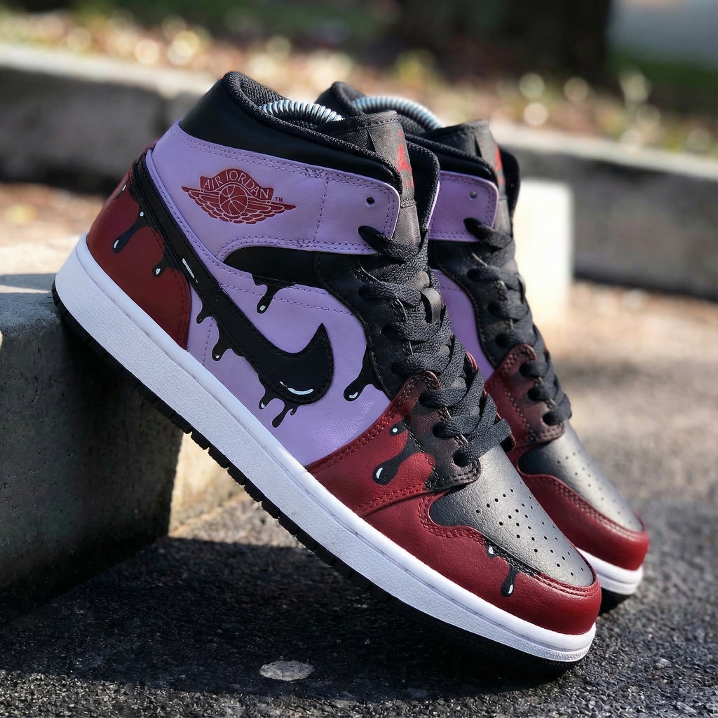 Custom AJ 1s Shoes Black Baby Purple Maroon Drip Design-oicustom