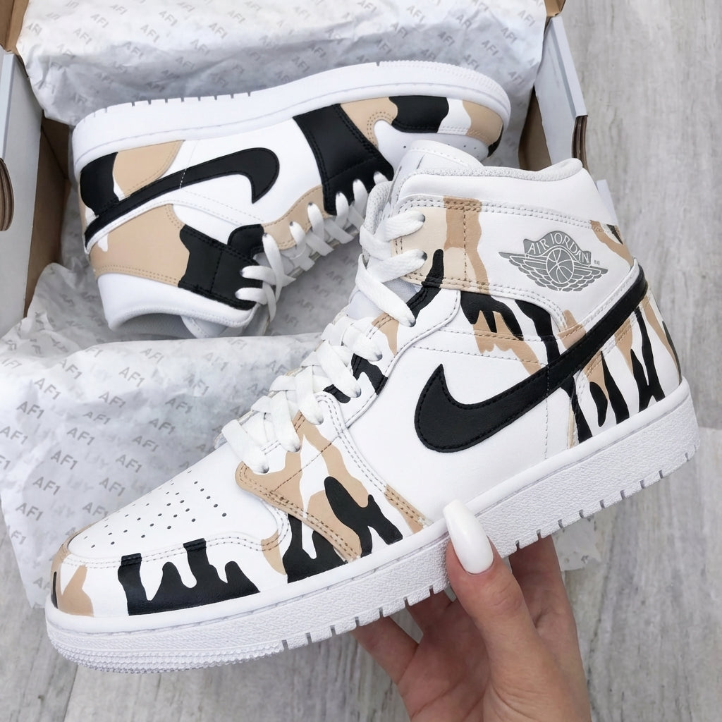 Custom AJ 1s Shoes Black Beige Camouflage Pattern-oicustom