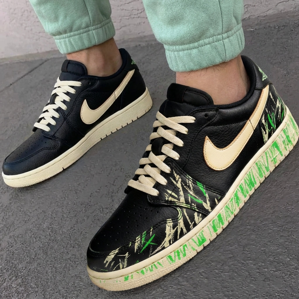 Custom AJ 1s Shoes Black Beige Green Graffiti Pattern-oicustom