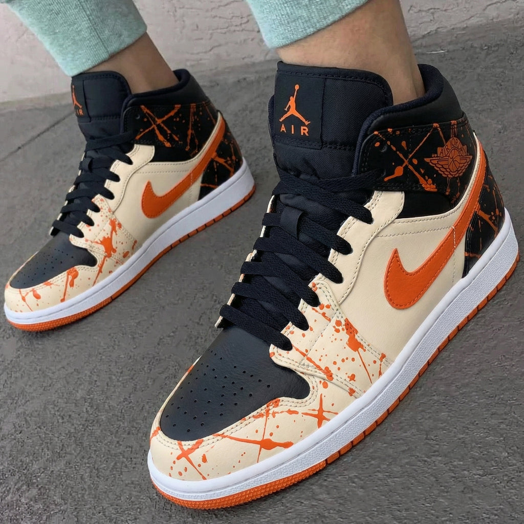 Custom AJ 1s Shoes Black Beige Orange Splatter Design-oicustom