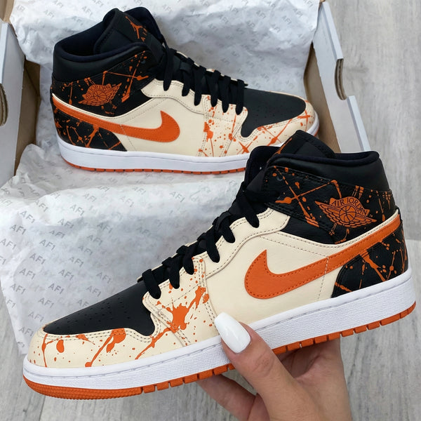 Custom AJ 1s Shoes Black Beige Orange Splatter Design-oicustom