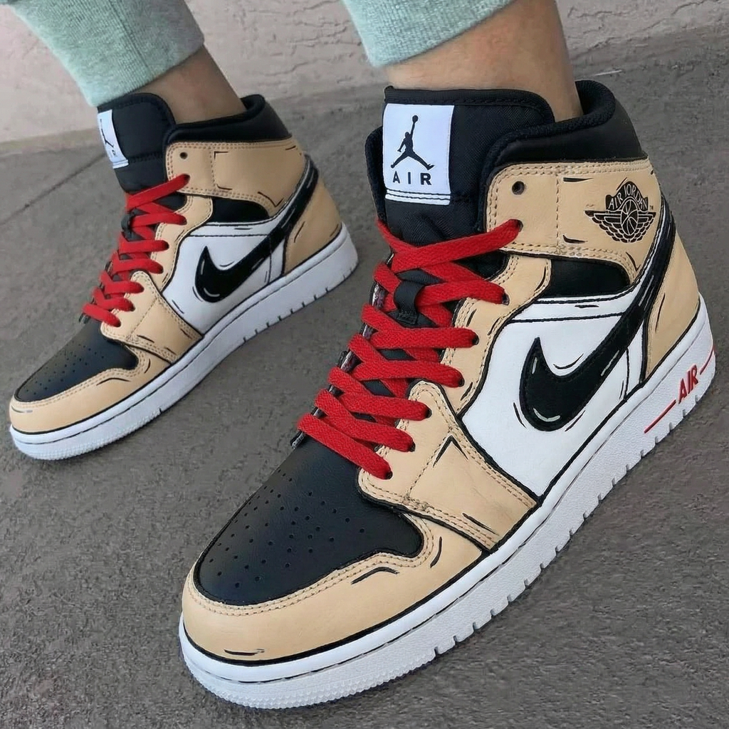 Custom AJ 1s Shoes Black Beige Red Cartoon Design-oicustom