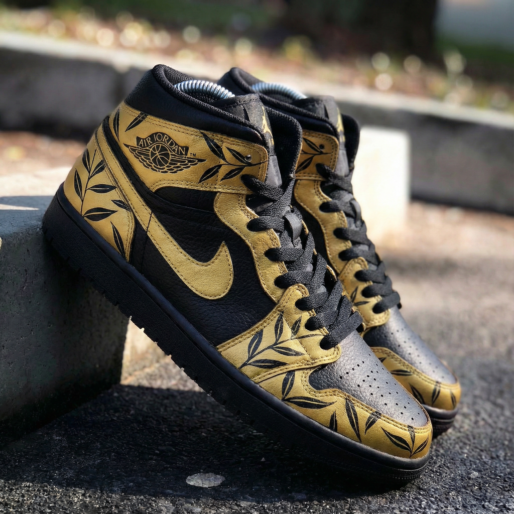 Custom AJ 1s Shoes Black Gold Leaf Pattern-oicustom