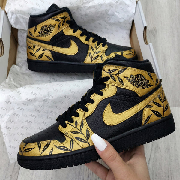 Custom AJ 1s Shoes Black Gold Leaf Pattern-oicustom