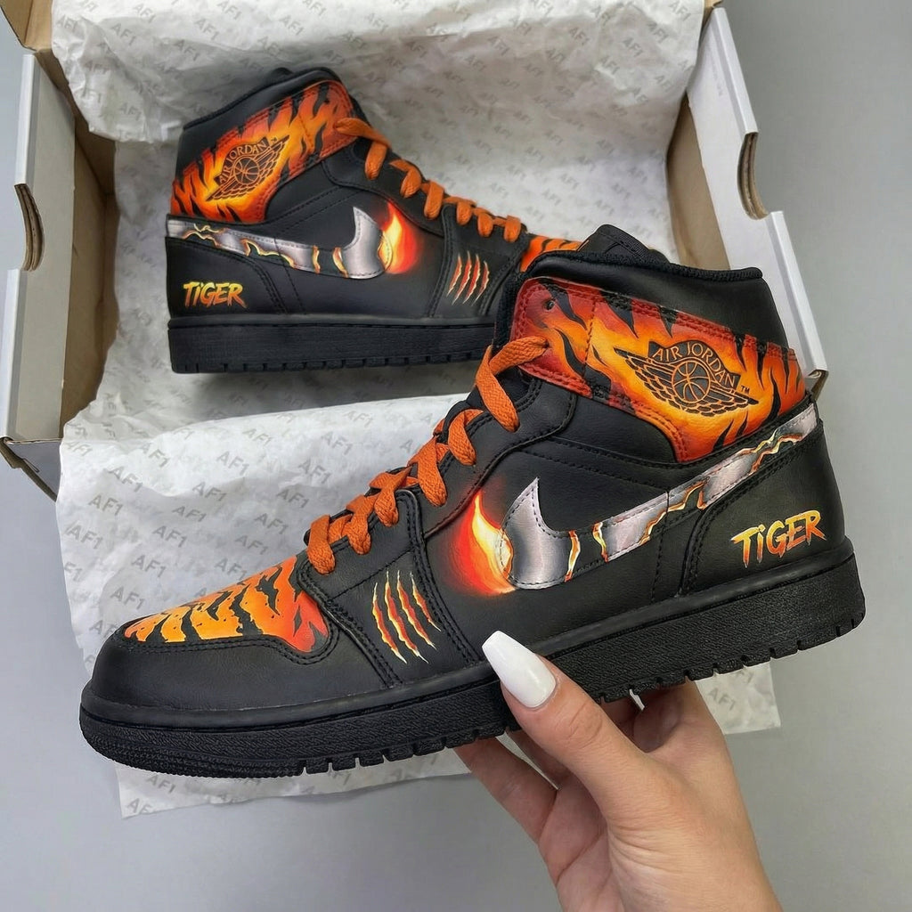 Custom AJ 1s Shoes Black Orange Tiger and Flame Design-oicustom