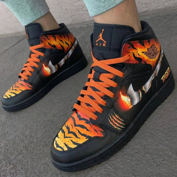 Custom AJ 1s Shoes Black Orange Tiger and Flame Design-oicustom
