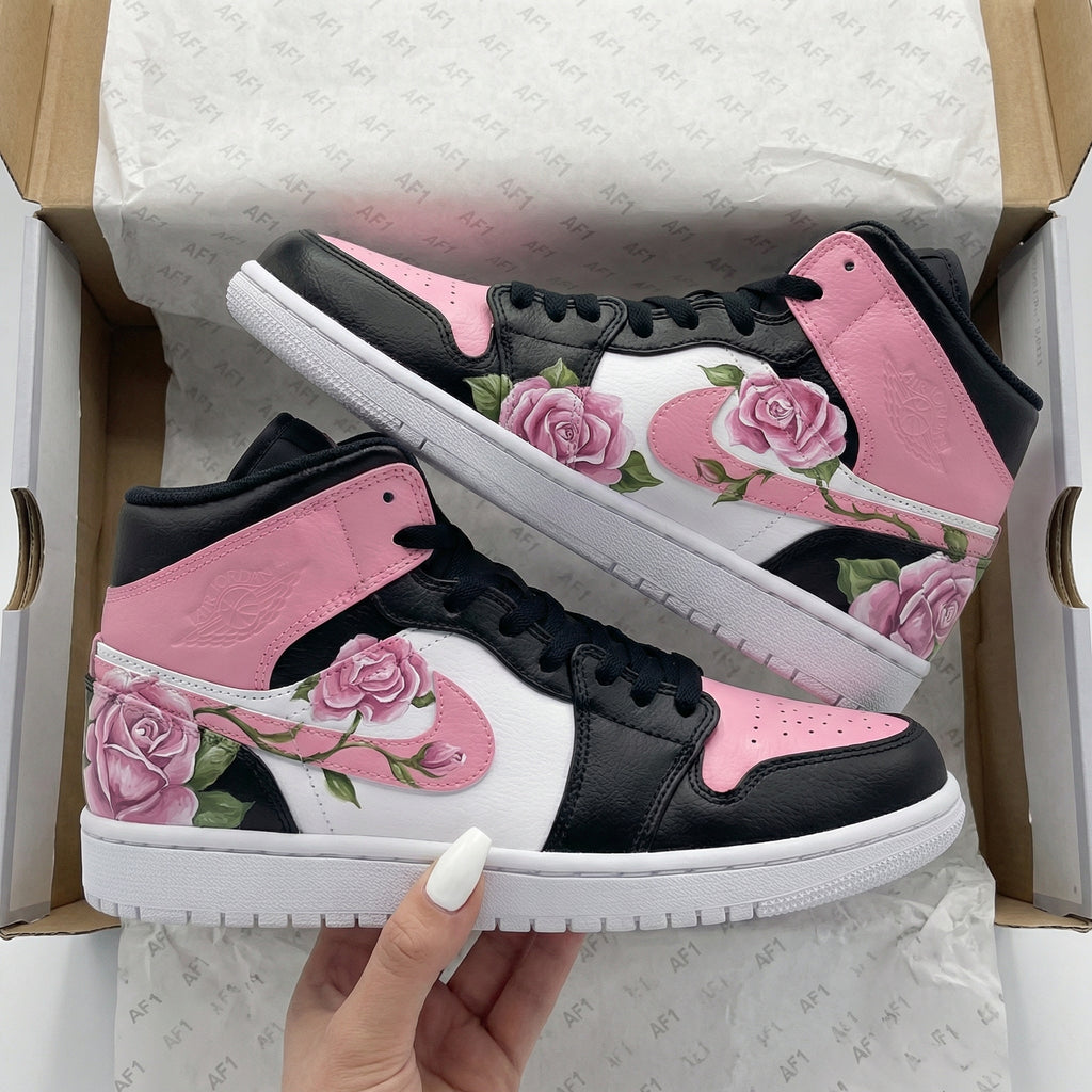 Custom AJ 1s Shoes Black Pink White with Rose Pattern-oicustom