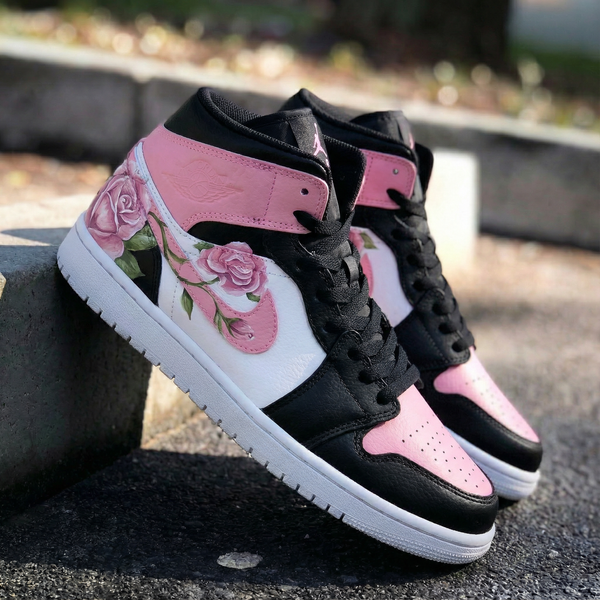 Custom AJ 1s Shoes Black Pink White with Rose Pattern-oicustom