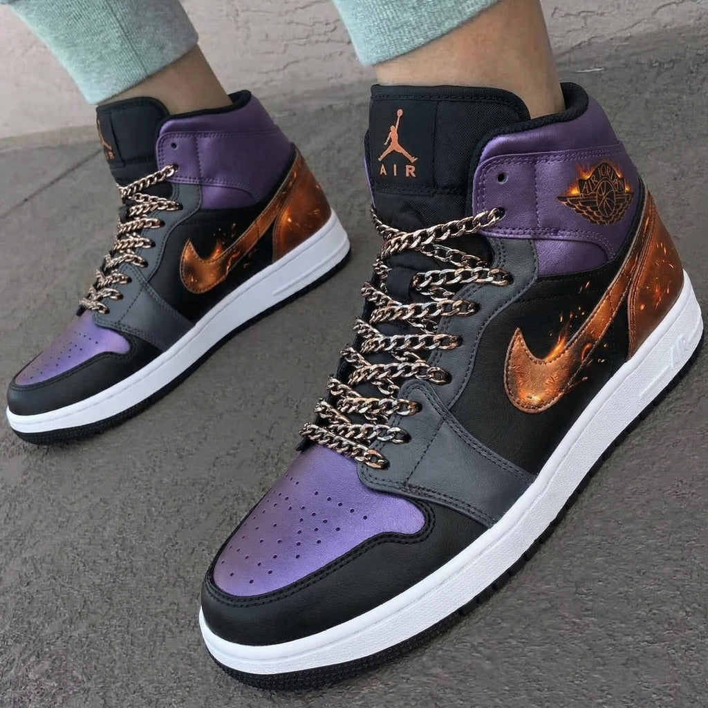 Custom AJ 1s Shoes Black Purple Copper Flame Design-oicustom