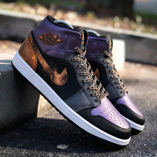 Custom AJ 1s Shoes Black Purple Copper Flame Design-oicustom