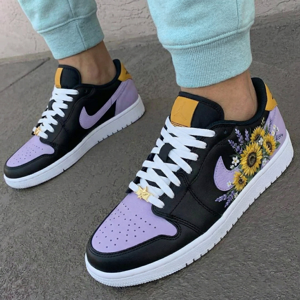 Custom AJ 1s Shoes Black Purple Sunflower Design-oicustom