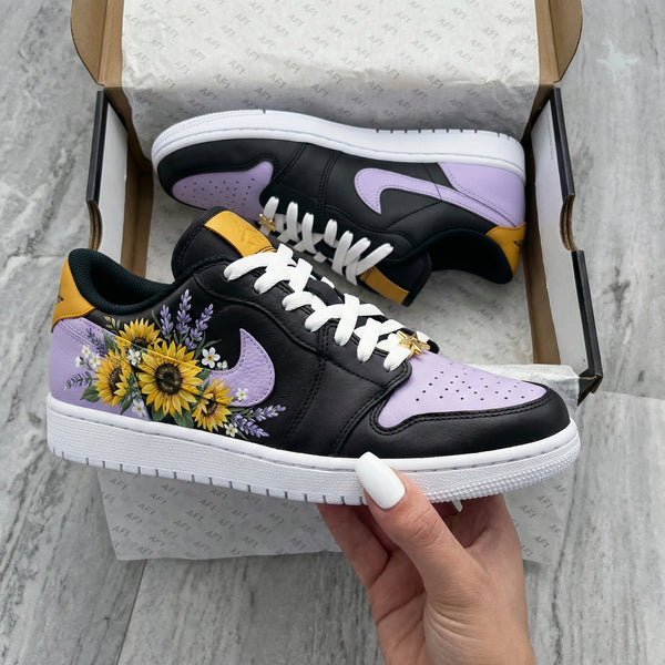 Custom AJ 1s Shoes Black Purple Sunflower Design-oicustom