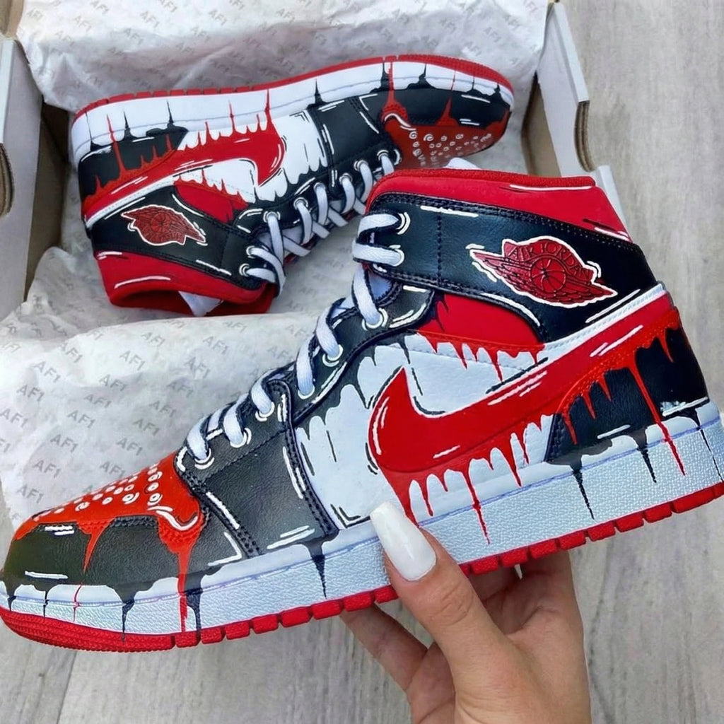 Custom AJ 1s Shoes Black Red Dripping Art-oicustom