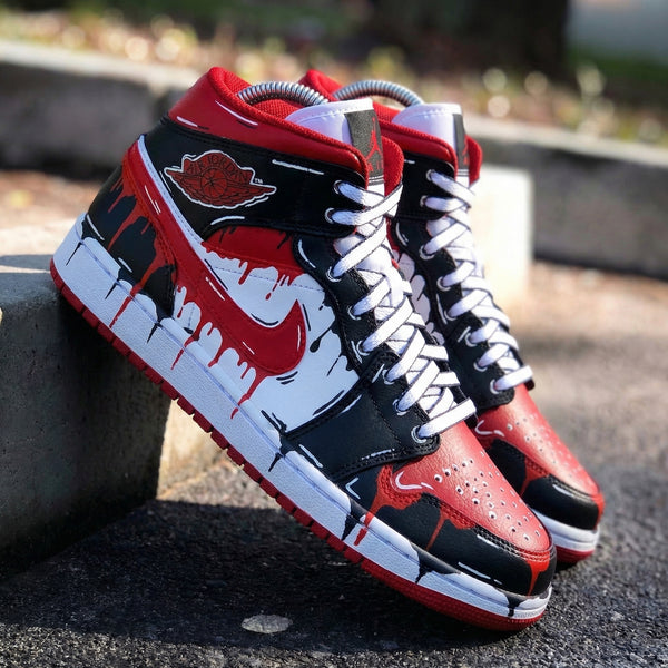 Custom AJ 1s Shoes Black Red Dripping Art-oicustom