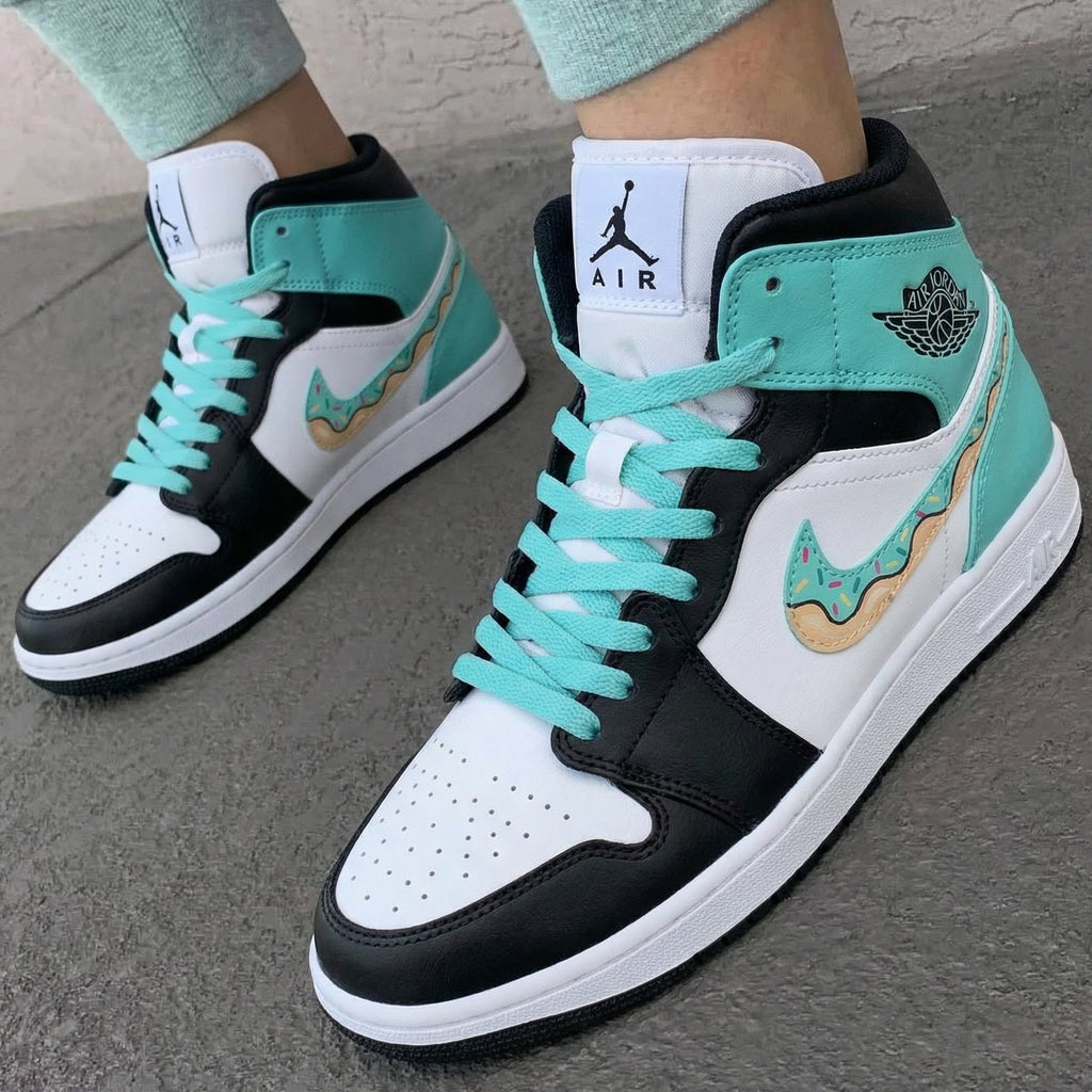 Custom AJ 1s Shoes Black Teal Donut Design-oicustom