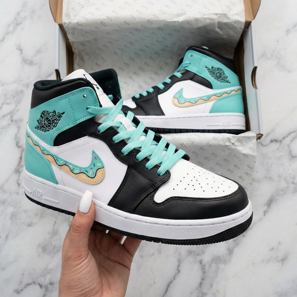 Custom AJ 1s Shoes Black Teal Donut Design-oicustom