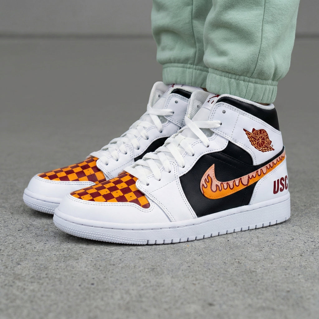 Custom AJ 1s Shoes Black White Checkerboard and USC Theme-oicustom