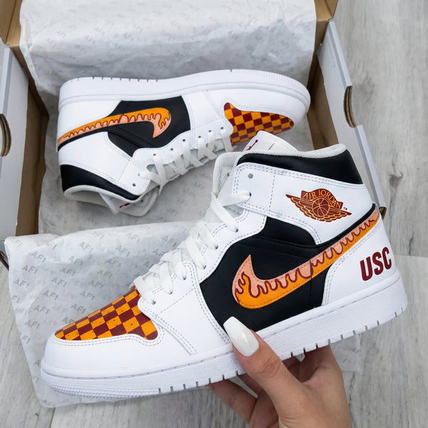 Custom AJ 1s Shoes Black White Checkerboard and USC Theme-oicustom
