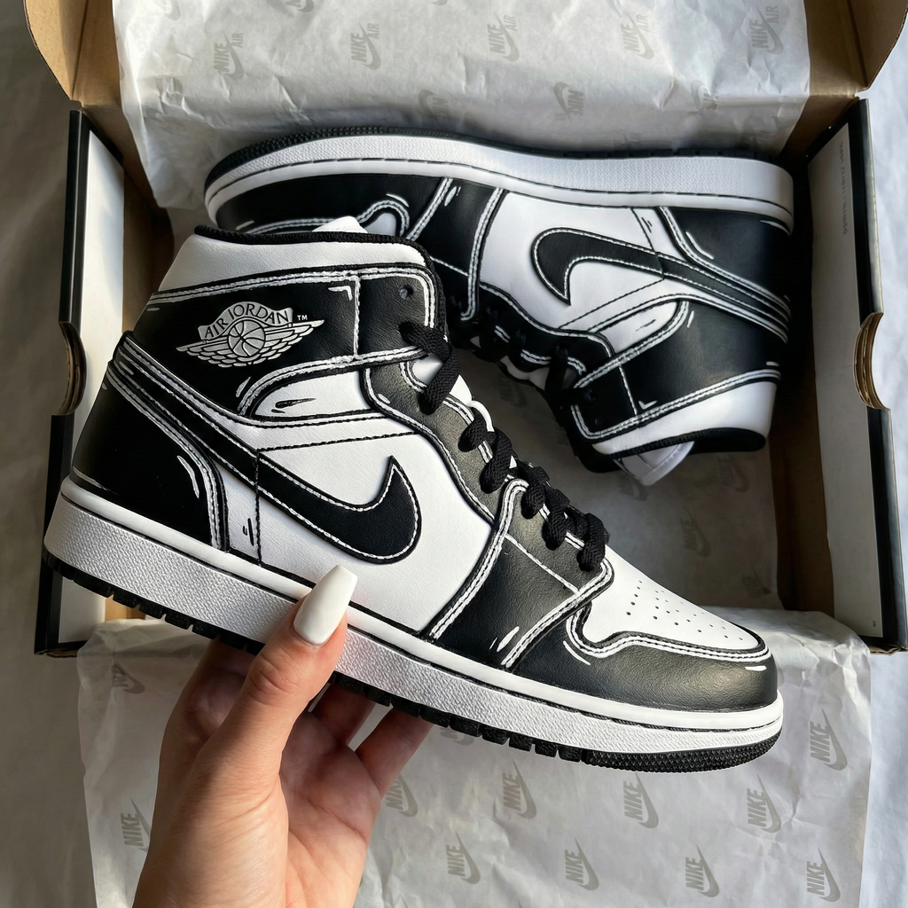 Custom AJ 1s Shoes Black White Comic Line-oicustom