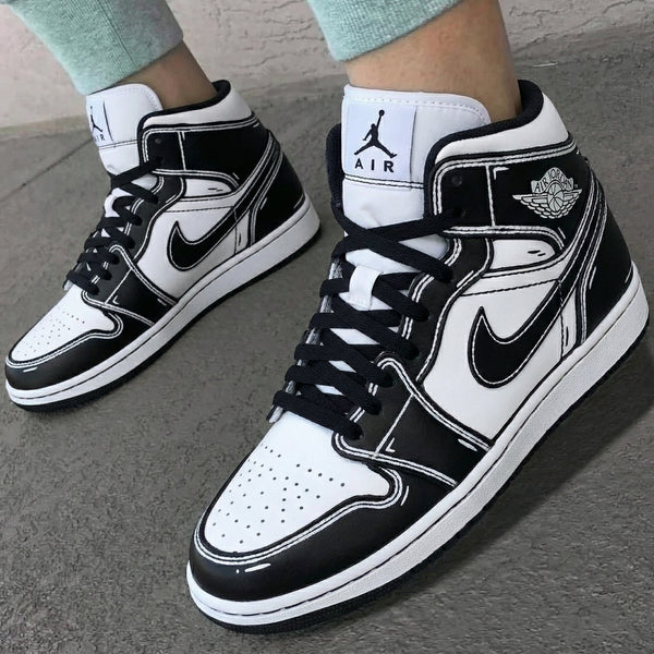 Custom AJ 1s Shoes Black White Comic Line-oicustom