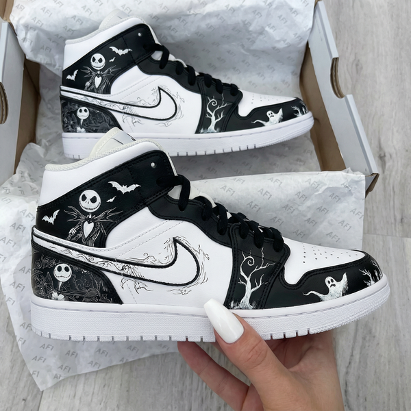 Custom AJ 1s Shoes Black White Halloween Ghosts Pattern-oicustom