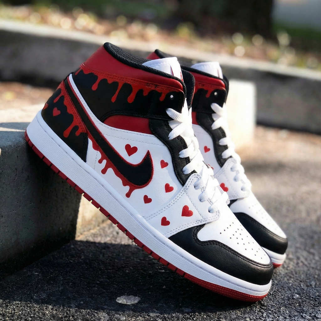 Custom AJ 1s Shoes Black White Red with Heart and Drip Pattern-oicustom