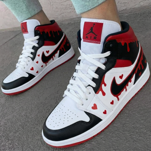 Custom AJ 1s Shoes Black White Red with Heart and Drip Pattern-oicustom
