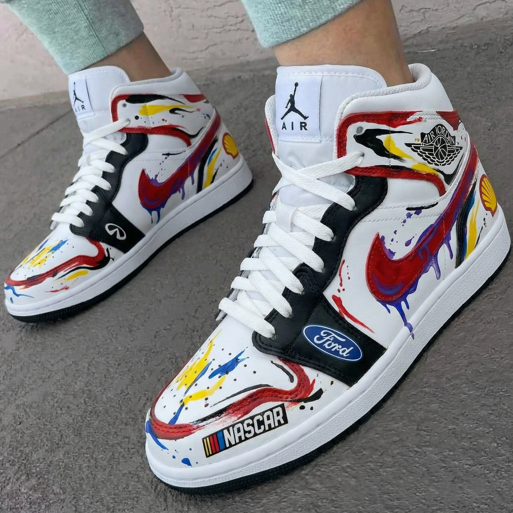 Custom AJ 1s Shoes Black White with Racing Theme and Logos-oicustom
