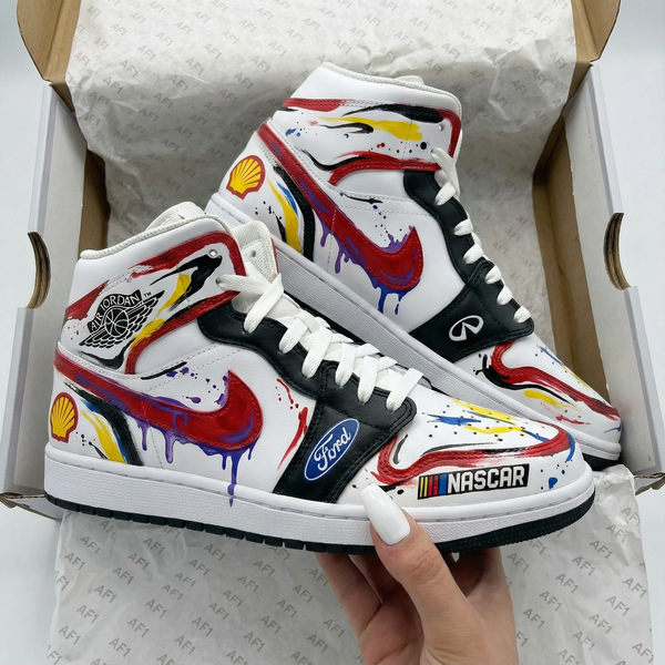 Custom AJ 1s Shoes Black White with Racing Theme and Logos-oicustom