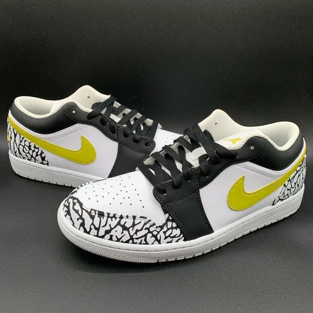 Custom AJ 1s Shoes Black White Yellow Crack Pattern-oicustom