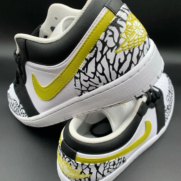 Custom AJ 1s Shoes Black White Yellow Crack Pattern-oicustom