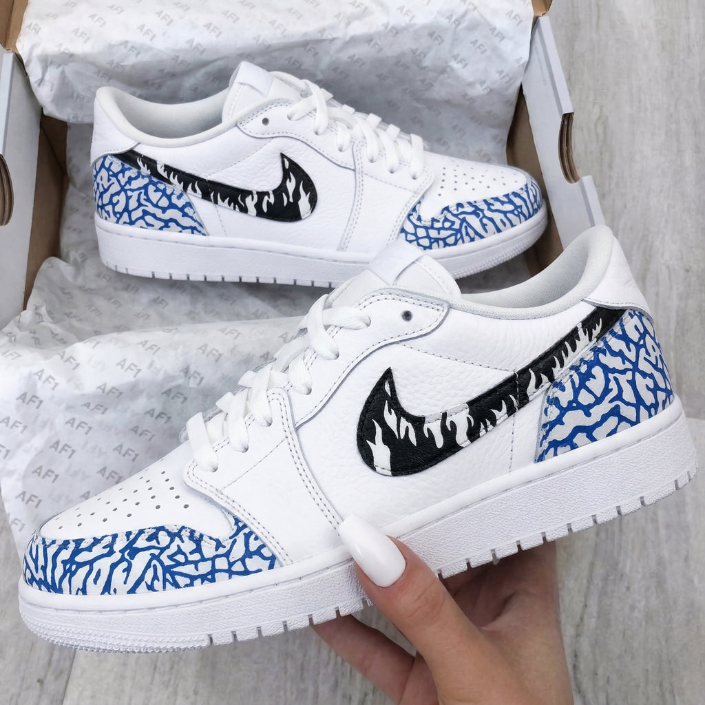 Custom AJ 1s Shoes Blue Black Flame Swoosh Crackle-oicustom