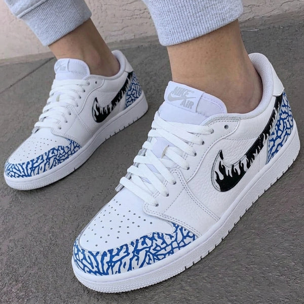 Custom AJ 1s Shoes Blue Black Flame Swoosh Crackle-oicustom