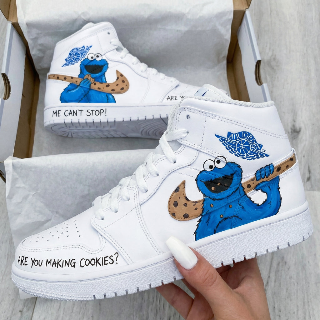 Custom AJ 1s Shoes Blue Brown Cookie Monster & Cookie Swoosh Design-oicustom