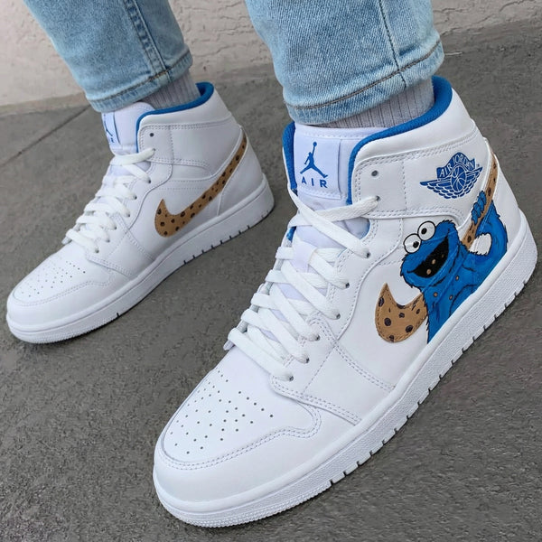 Custom AJ 1s Shoes Blue Brown Cookie Monster & Cookie Swoosh Design-oicustom