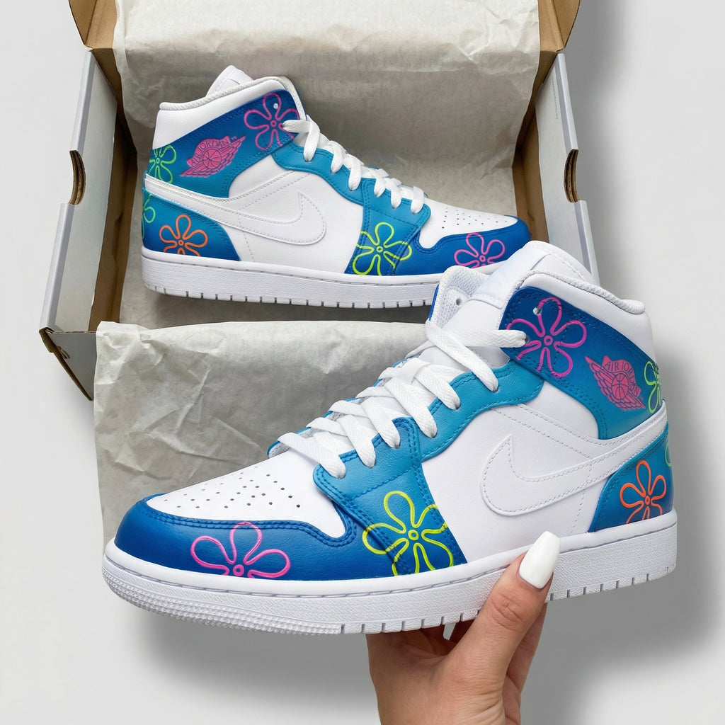 Custom AJ 1s Shoes Blue Colorful Flowers-oicustom