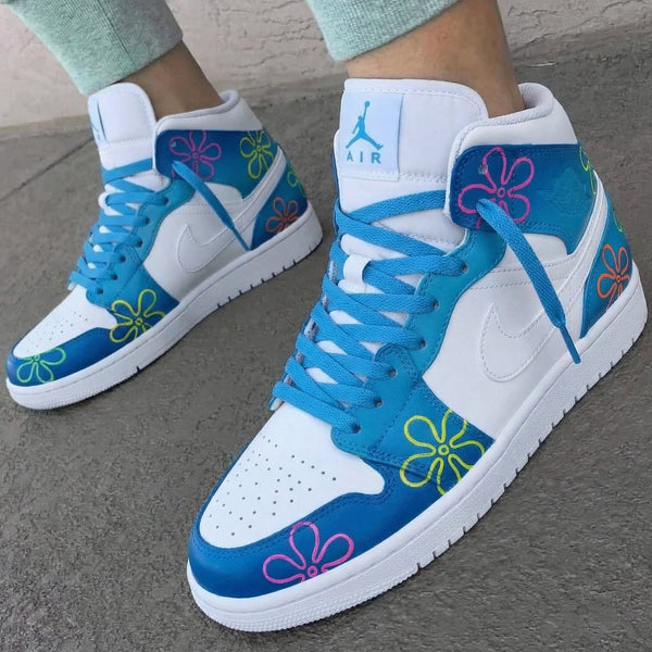 Custom AJ 1s Shoes Blue Colorful Flowers-oicustom