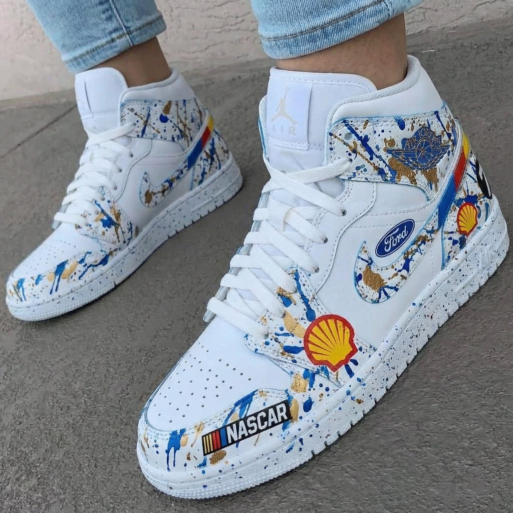 Custom AJ 1s Shoes Blue Gold NASCAR Ford Shells Design-oicustom