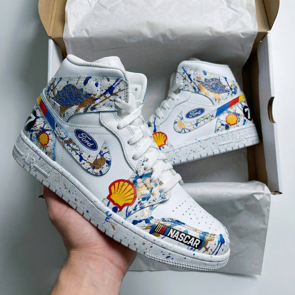 Custom AJ 1s Shoes Blue Gold NASCAR Ford Shells Design-oicustom