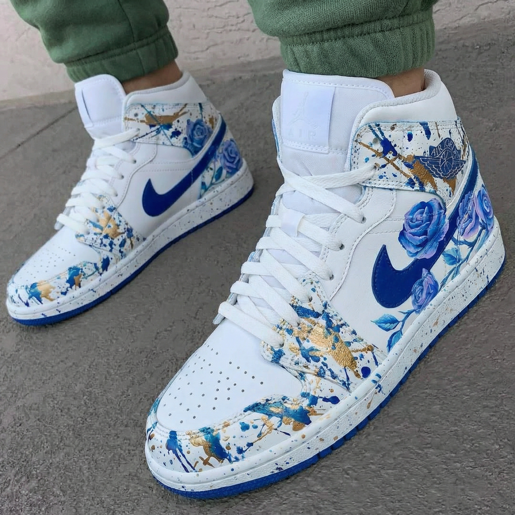 Custom AJ 1s Shoes Blue Gold Rose Pattern-oicustom
