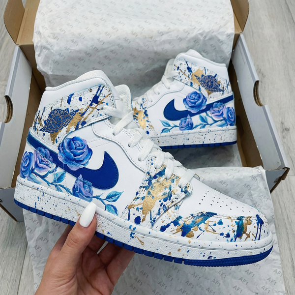 Custom AJ 1s Shoes Blue Gold Rose Pattern-oicustom