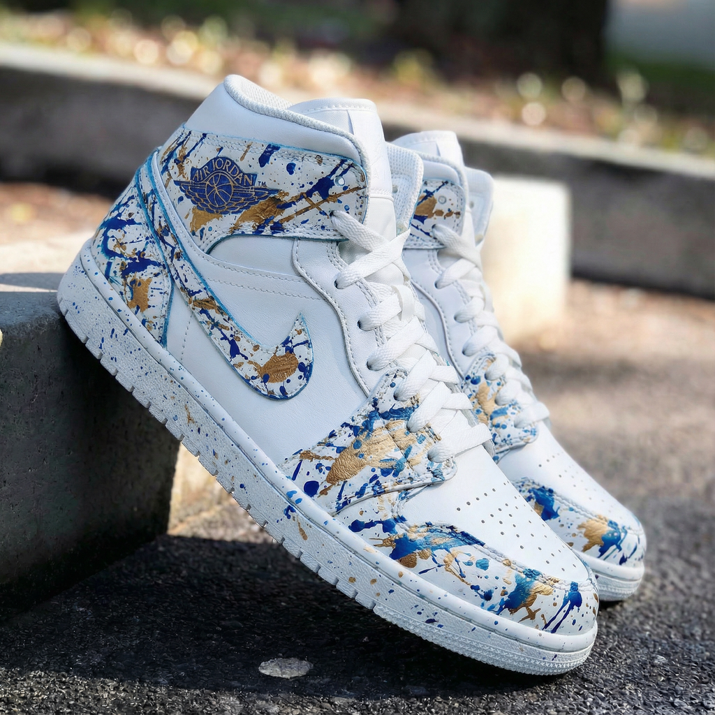 Custom AJ 1s Shoes Blue Gold Splatter Pattern-oicustom