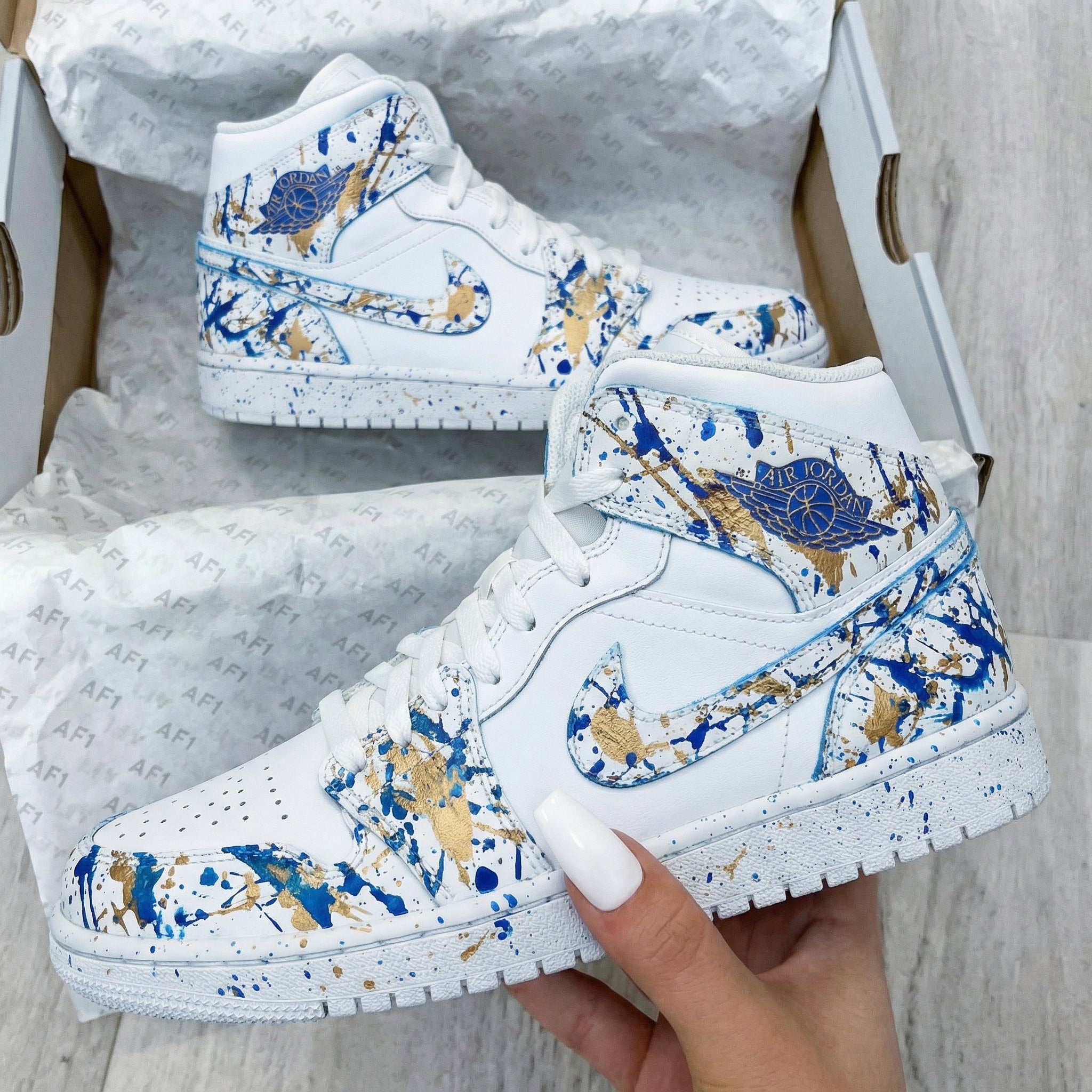 Custom AJ 1s Shoes Blue Gold Splatter Pattern – oicustom